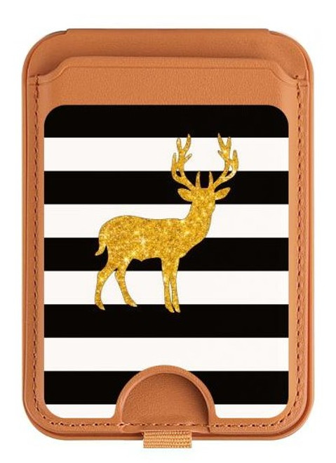 S2794 Black and White Striped Deer Gold Sparkles Magnetic Card Holder Wallet Stand with MagSafe for iPhone 16 15 14 13 Pro Max