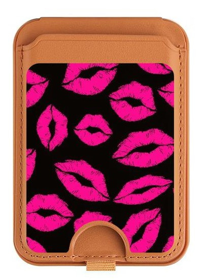 S2933 Pink Lips Kisses on Black Magnetic Card Holder Wallet Stand with MagSafe for iPhone 16 15 14 13 Pro Max