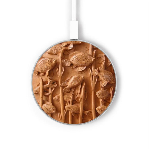 S1307 Fish Wood Carving Graphic Printed Wireless Charger Pad 15W Type-C iPhone Android LED Light Charging Station