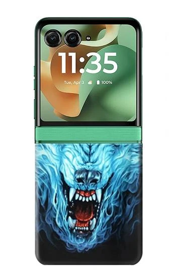 S0752 Blue Fire Grim Wolf Case For Motorola Razr 70+,60+, Razr+ (2026, 2025, 2024)