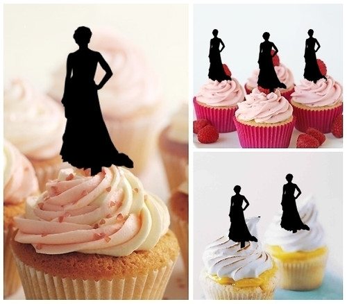 TA0112 Model Lady Party Dress Silhouette Party Wedding Birthday Acrylic Cupcake Toppers Decor 10 pcs