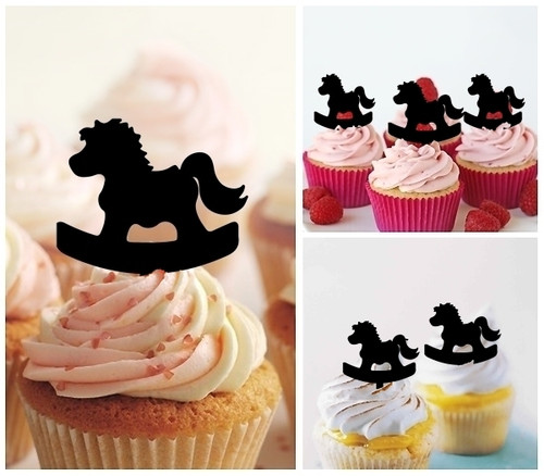 TA0450 Baby Toy Rocking Horse Silhouette Party Wedding Birthday Acrylic Cupcake Toppers Decor 10 pcs