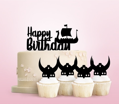 TC0112 Happy Birthday Viking Ship Party Wedding Birthday Acrylic Cake Topper Cupcake Toppers Decor Set 11 pcs