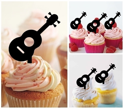 TA0932 Ukulele Classic Music Guitar Silhouette Party Wedding Birthday Acrylic Cupcake Toppers Decor 10 pcs
