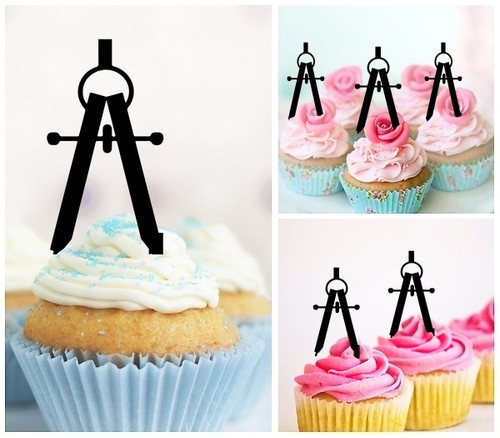 TA0944 Compass Maths Drawing Silhouette Party Wedding Birthday Acrylic Cupcake Toppers Decor 10 pcs