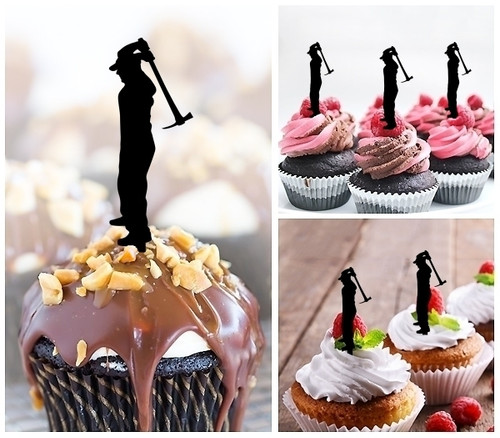 TA1097 Worker Digging Silhouette Party Wedding Birthday Acrylic Cupcake Toppers Decor 10 pcs