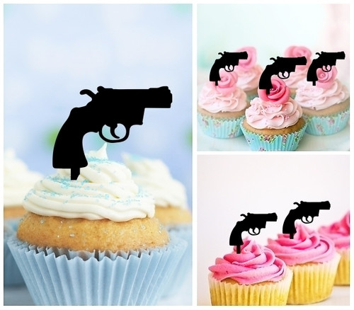 TA1128 Short Revolvers Gun Silhouette Party Wedding Birthday Acrylic Cupcake Toppers Decor 10 pcs