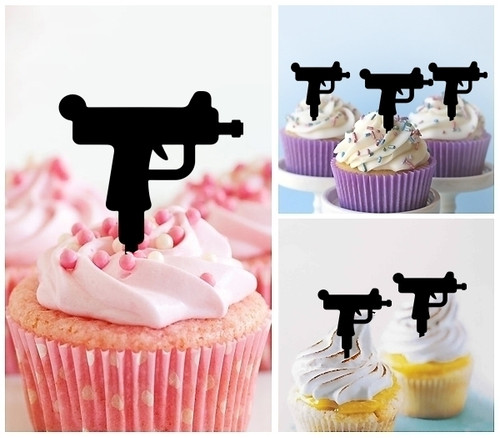 TA1129 Uzi Hand Gun Silhouette Party Wedding Birthday Acrylic Cupcake Toppers Decor 10 pcs