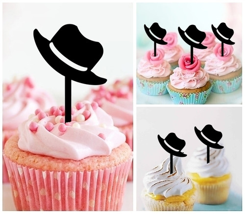 TA1183 Traveller Hat Silhouette Party Wedding Birthday Acrylic Cupcake Toppers Decor 10 pcs