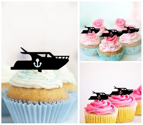 TA1184 Motor Boat Silhouette Party Wedding Birthday Acrylic Cupcake Toppers Decor 10 pcs