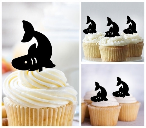 TA1185 Baby Shark Silhouette Party Wedding Birthday Acrylic Cupcake Toppers Decor 10 pcs