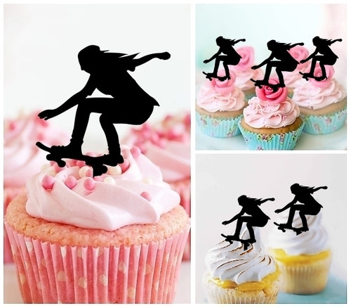 TA1203 Skateboard Girl Silhouette Party Wedding Birthday Acrylic Cupcake Toppers Decor 10 pcs