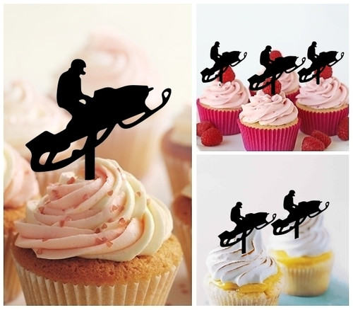 TA1250 Snowmobile Silhouette Party Wedding Birthday Acrylic Cupcake Toppers Decor 10 pcs