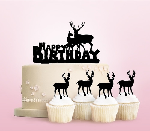 TC0241 Happy Birthday Deer Family Party Wedding Birthday Acrylic Cake Topper Cupcake Toppers Decor Set 11 pcs