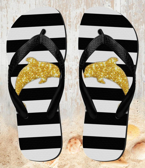 FA0378 Black and White Striped Gold Dolphin Beach Slippers Sandals Flip Flops Unisex