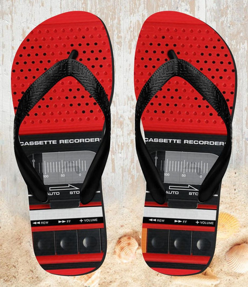 FA0484 Red Cassette Recorder Graphic Beach Slippers Sandals Flip Flops Unisex