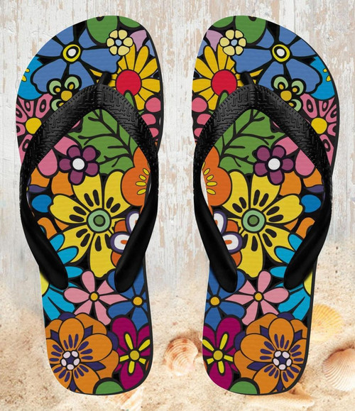 FA0516 Colorful Hippie Flowers Pattern Beach Slippers Sandals Flip Flops Unisex