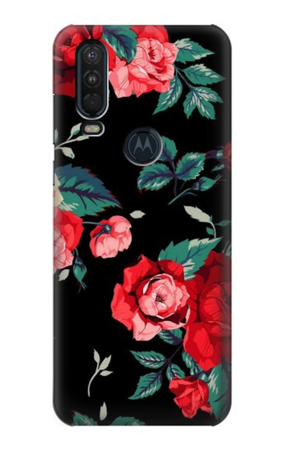 S3112 Rose Floral Pattern Black Case For Motorola One Action (Moto P40 Power)