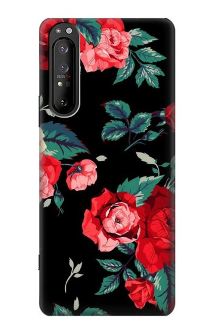 S3112 Rose Floral Pattern Black Case For Sony Xperia 1 II