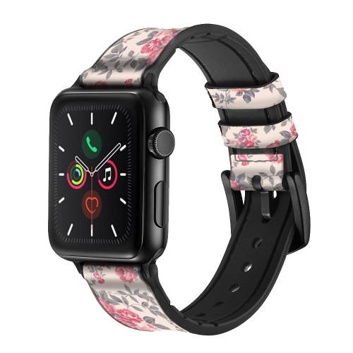 CA0575 Vintage Rose Pattern Leather & Silicone Smart Watch Band Strap For Apple Watch iWatch