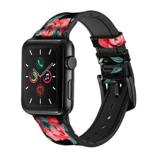 CA0580 Rose Floral Pattern Black Leather & Silicone Smart Watch Band Strap For Apple Watch iWatch