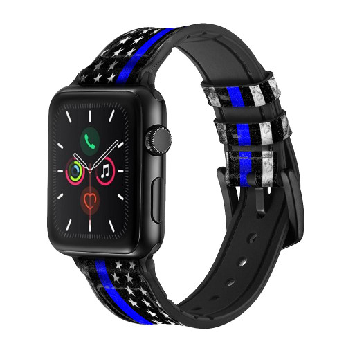 CA0632 Thin Blue Line USA Leather & Silicone Smart Watch Band Strap For Apple Watch iWatch