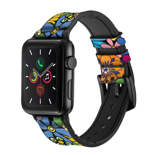 CA0649 Colorful Hippie Flowers Pattern Leather & Silicone Smart Watch Band Strap For Apple Watch iWatch