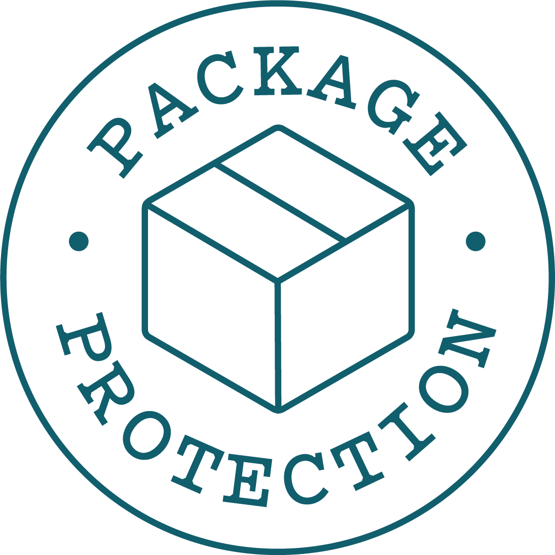 Package Protection trust badge: a teal line-art shipping box circled by the words Package Protection