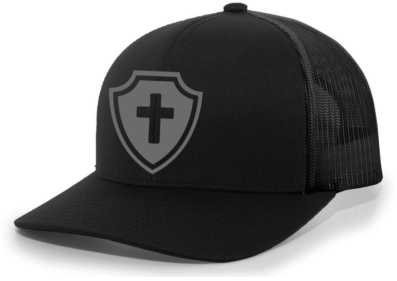 Mens Christian Hat Cross Shield Christ Faith Mesh Back Trucker Hat