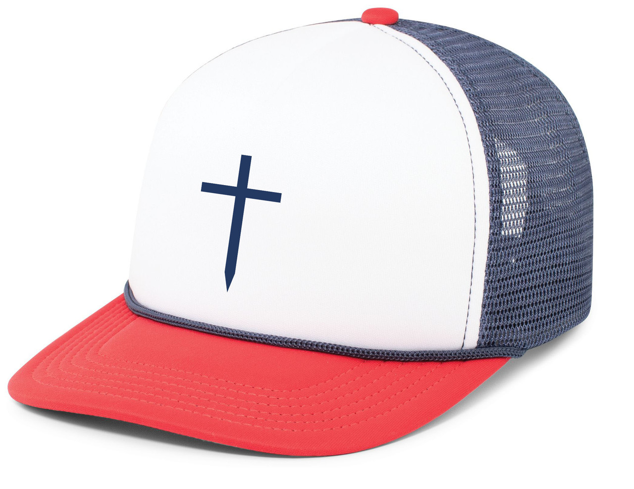 Mens Christian Cross Embroidered Rope Hat Foam Front Mesh Back