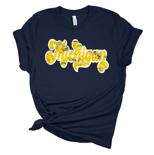 Womens Michigan Distressed Retro Football Team Color Ladies Short Sleeve T-shirt Womens Michigan Distressed Retro Football Team Color Ladies Short Sleeve T-shirt