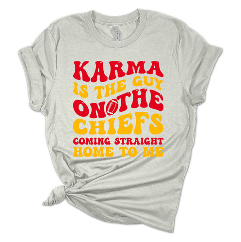 Womens Funny Swift Tshirt Karma Is The Guy On The Chiefs Retro Football Short Sleeve Tshirt Graphic Tee