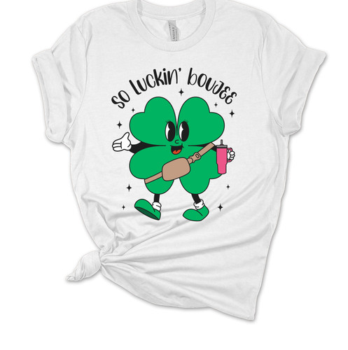 Womens St. Patrick's Day Tshirt So Luckin Boujee Clover With Tumbler Short Sleeve T-shirt