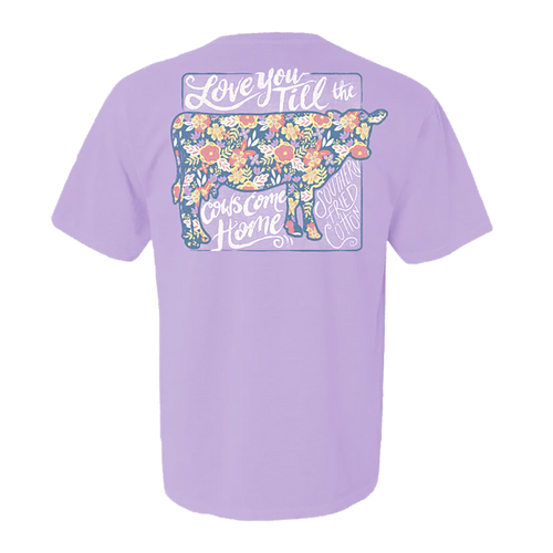 Southern Fried Cotton Southern Love You Til The Cows Come Home Whimsical Floral Cow Comfort Colors Short Sleeve Orchid Graphic T-shirt