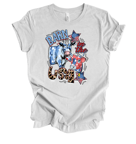 Barn In The USA 4th Of July Red White And Blue Independence Day Cute Cows  Short Sleeve Ladies Graphic T-Shirt