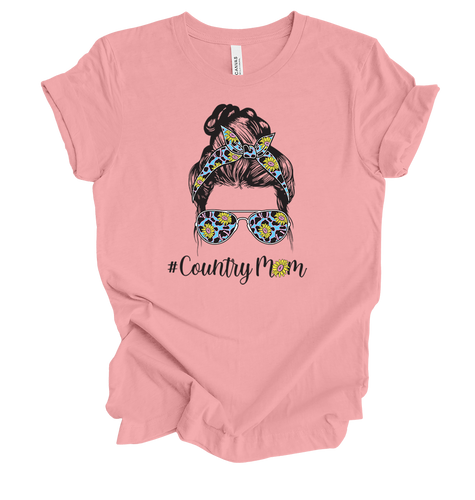 Hashtag Country Mom Cute Moden Sunflower Cheetah Print Mother's Day Short Sleeve Ladies Graphic T-Shirt