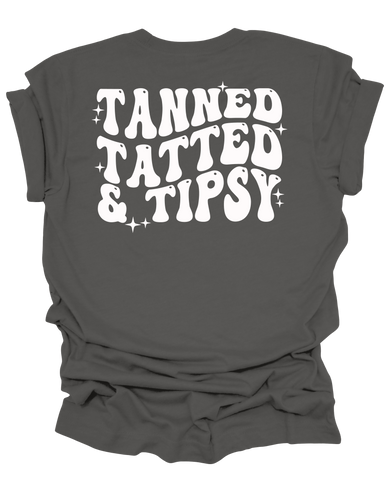 Womens Cute Funny Tanned Tatted & Tipsy Groovy Design Ladies Short Sleeve T-Shirt