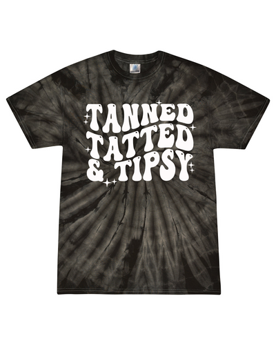 Womens Funny Cute Groovy Tanned Tatted & Tipsy Design Tie-Dye Ladies Short Sleeve T-Shirt
