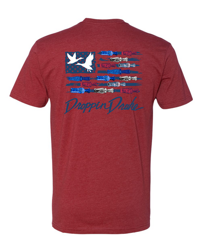 Mens Droppin Drake USA Duck Call Flag Blue Letters Cotton Polyester Blend Short Sleeve T-Shirt