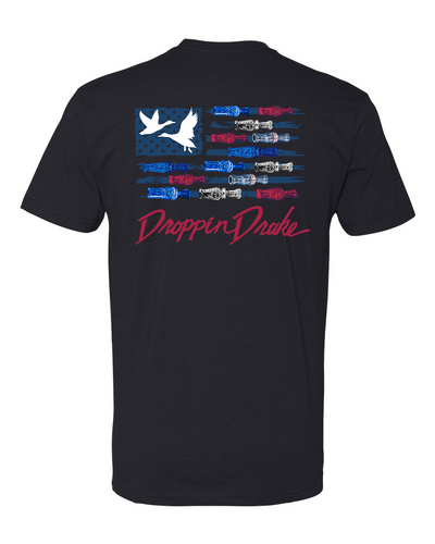 Droppin Drake Mens USA Duck Call Flag Red Lettering Cotton Polyester Blend Mens Short Sleeve T-Shirt
