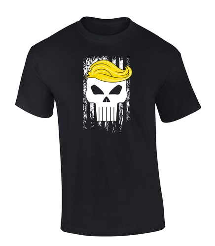 Trenz Shirt Company Patriotic 2024 Tattered Flag Trump Hair Skull Short Sleeve Mens Graphic T-Shirt Trenz Shirt Company Patriotic 2024 Tattered Flag Trump Hair Skull Short Sleeve Mens Graphic T-Shirt