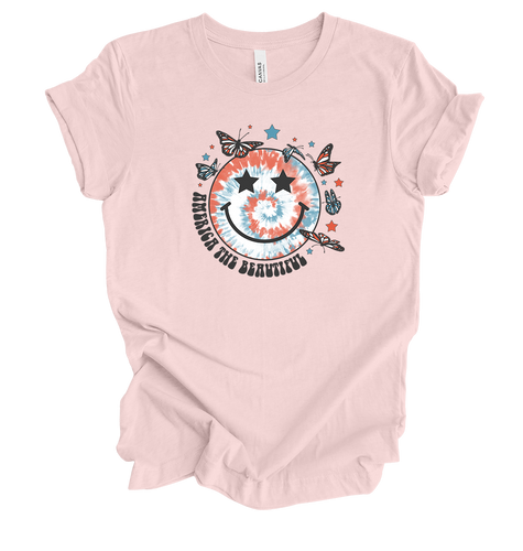 Trenz Shirt Company Tie-Dye Smiling America The Beautiful Short Sleeve Womens Graphic T-Shirt