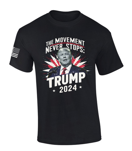 Trenz Shirt Company The Movement Never Stops Trump 2024 Short Sleeve Mens Graphic T-Shirt Trenz Shirt Company The Movement Never Stops Trump 2024 Short Sleeve Mens Graphic T-Shirt