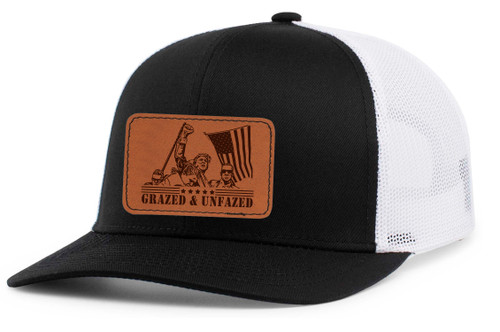 Trenz Shirt Company Mens Trump Grazed & Unfazed Leather Patch Mesh Back Trucker Hat Trenz Shirt Company Mens Trump Grazed & Unfazed Leather Patch Mesh Back Trucker Hat