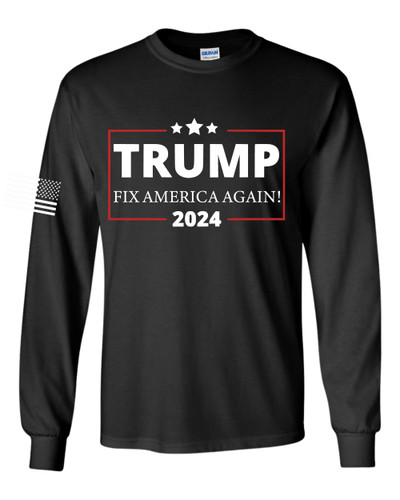 Fix America Again Trump 2024 American Flag Sleeve Patriotic Mens T-shirt Long Sleeve Political Graphic Tee