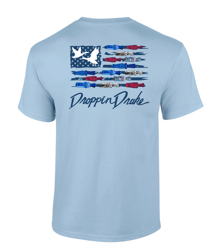 Mens Droppin Drake Red White & Blue Lettering Duck Call USA Flag Mens Short Sleeve T-Shirt