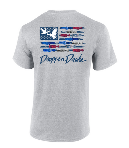 Droppin Drake Mens USA Duck Call Flag Red White & Blue Red Lettering Mens Short Sleeve T-Shirt