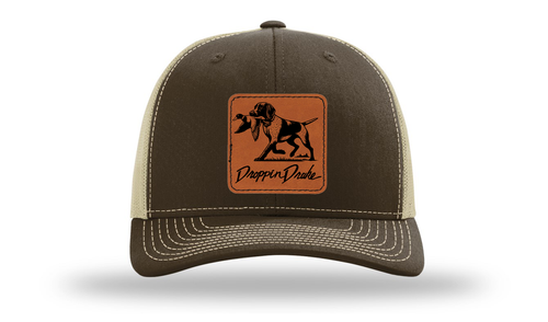 Droppin Drake Hunting Hat Duck Dog Duck Hunting Engraved Leather Patch Mens Mesh Back Trucker Hat
