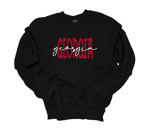 Trenz Shirt Company Georgia Team Color Red and Black Football Team Name Cursive Womens Crewneck Sweatshirt