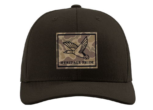 Heritage Pride Men's Hunting Trucker Hat - Simple Mallard Duck Engraved Camo Leather Patch, Mesh Back Design